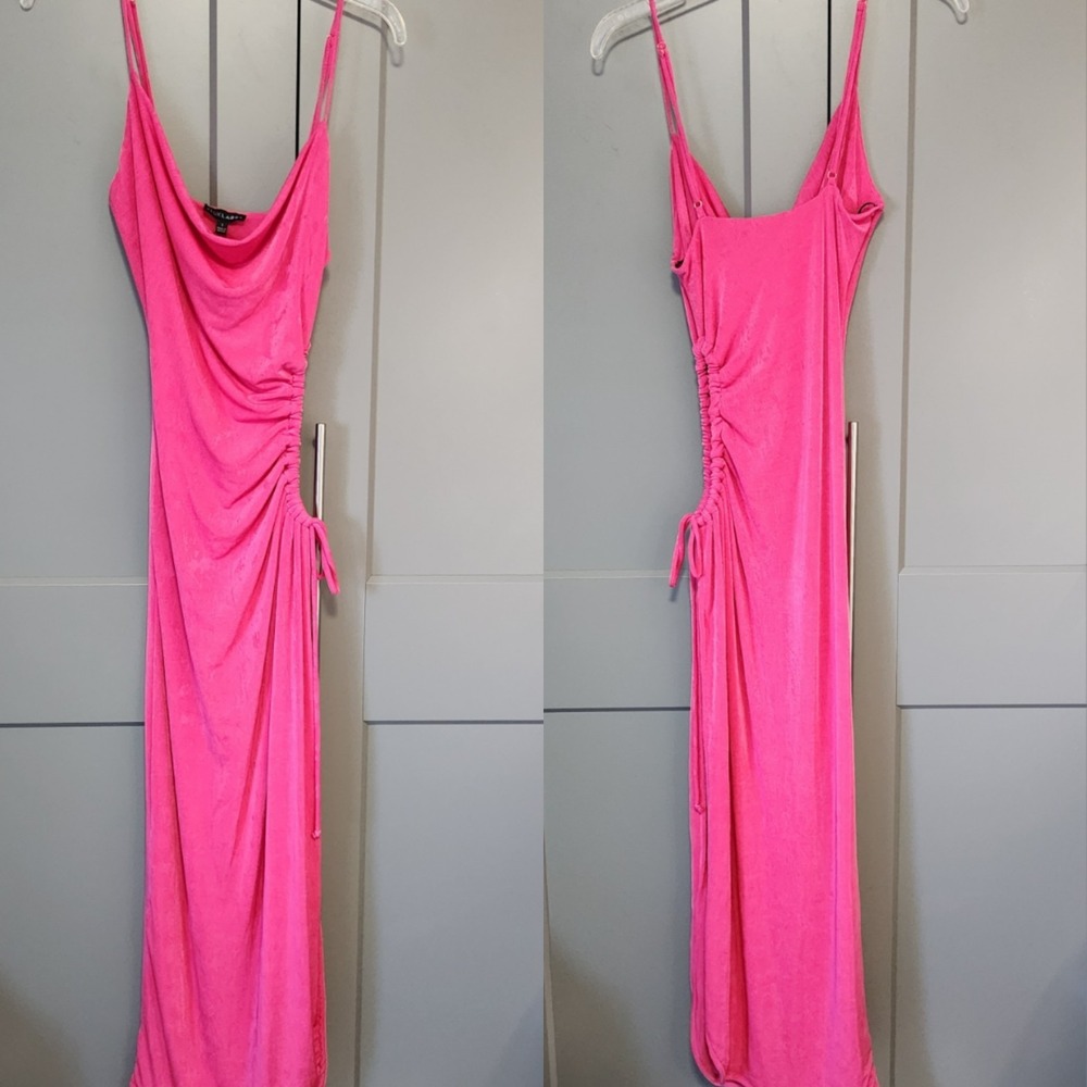 JLuxLabel Fuchsia Pink Delmara Cowl Neck Side Cutout Ruched Maxi Dress S Small